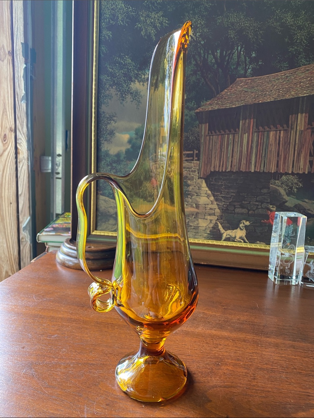 Vintage L.E. Smith Amber Swung Glass Pitcher 16.25” Mid Century Modern."